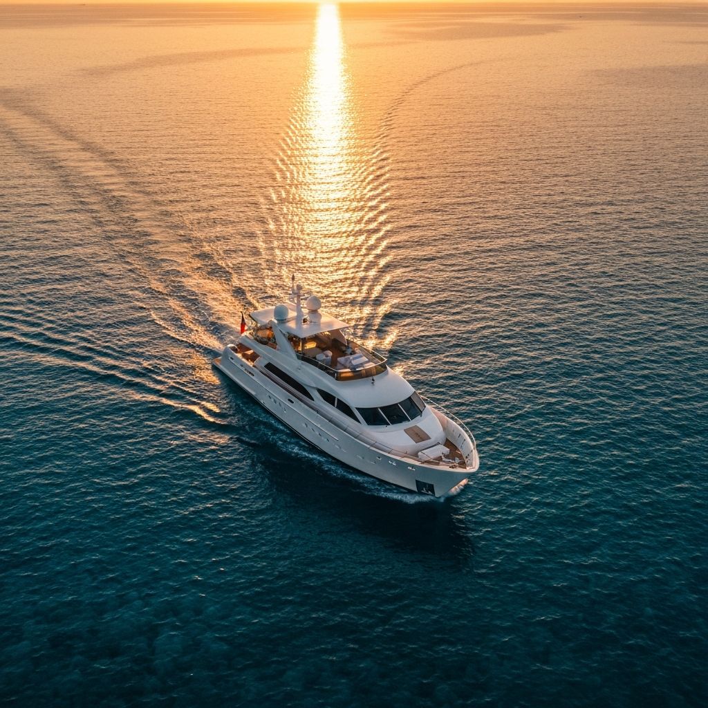 Luxury yacht cruising at sunset